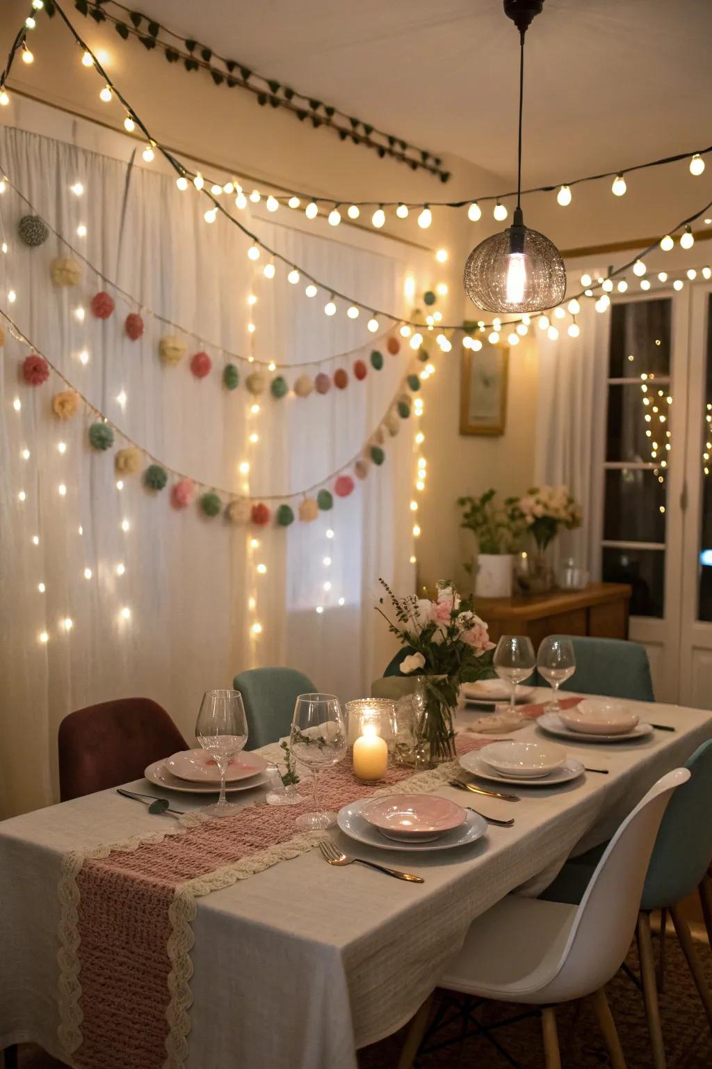 Dining areas are made more elegant and warm with felt garlands and lights.