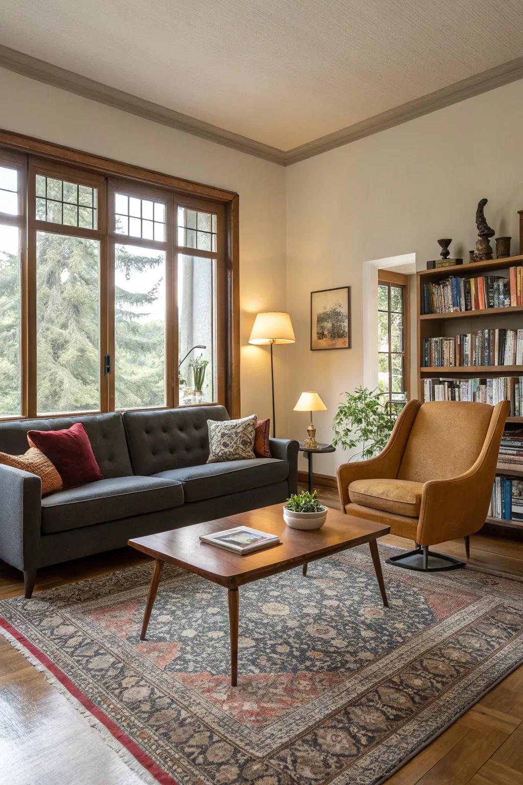 A unified combination of contemporary and classic furnishings in a living area setting.
