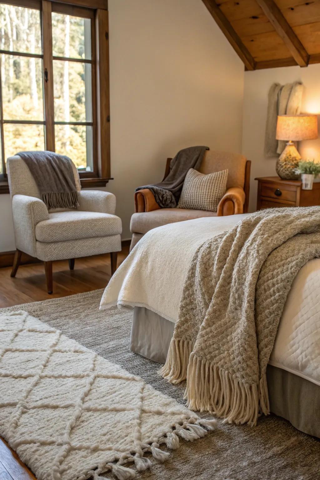 Comfortable materials add warmth and comfort to your bedroom.