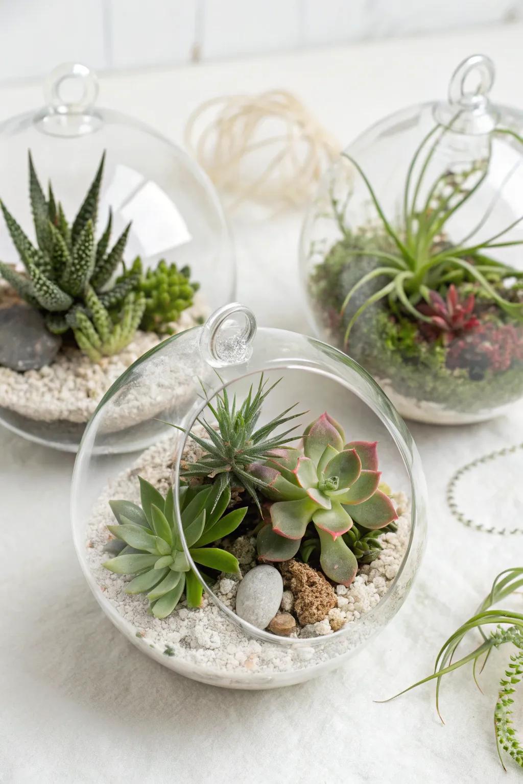 Miniature habitat ornaments with succulents and sky plants.