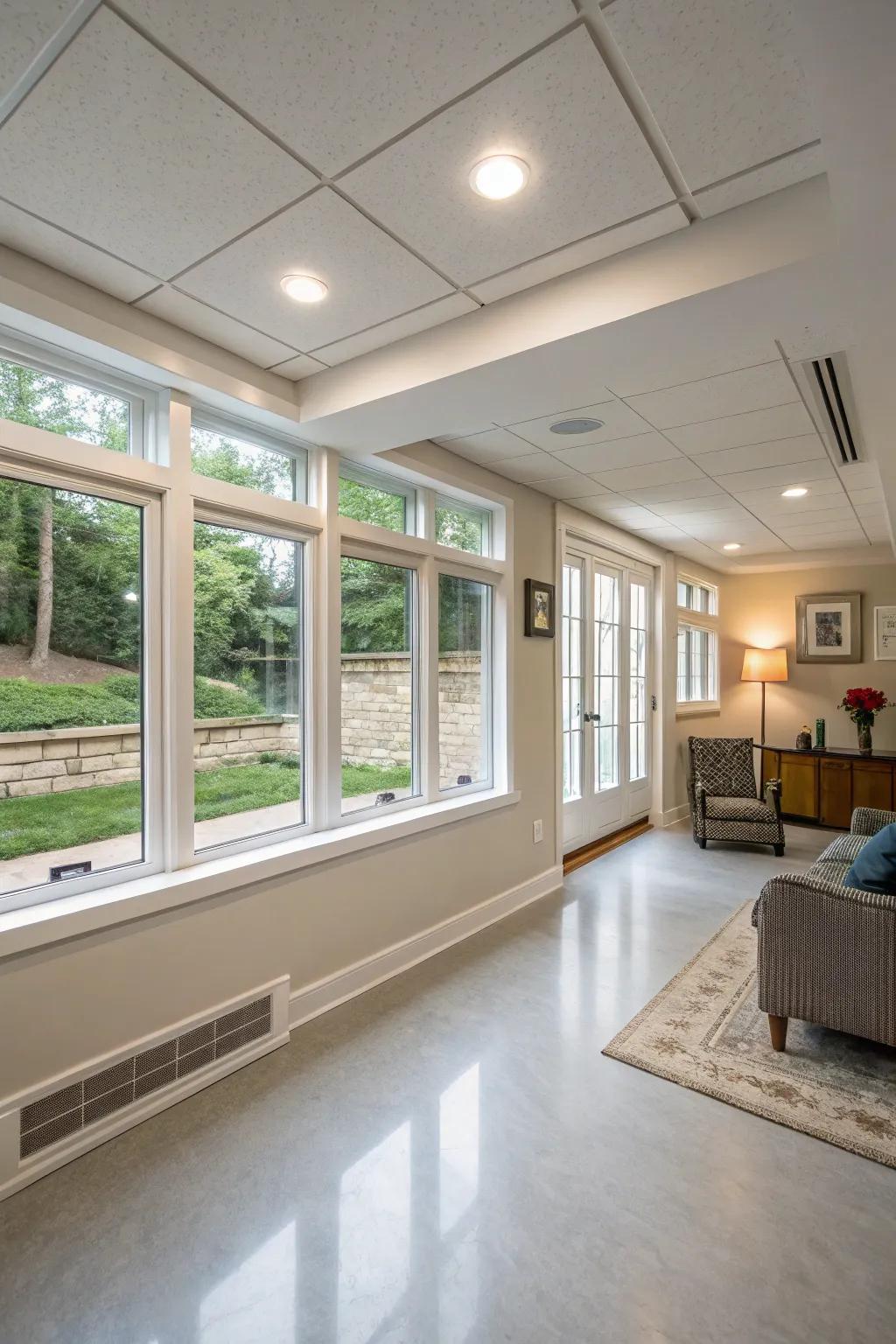 Egress windows deliver safety and style in basement designs.