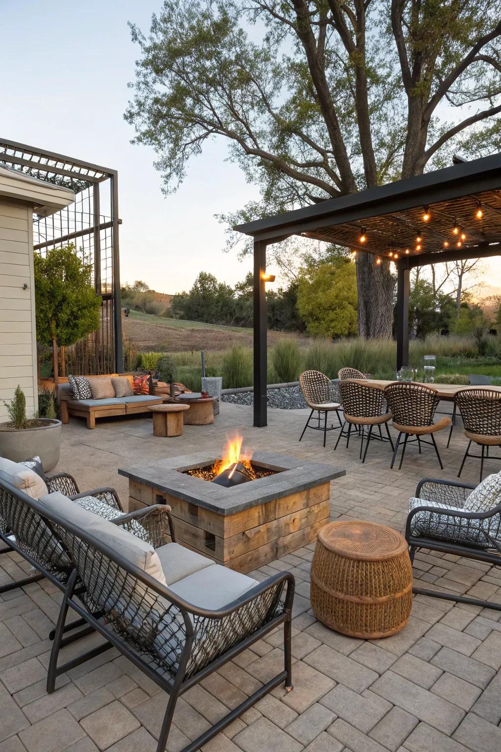 A blend of materials enriches the depth and texture of the fire pit area.
