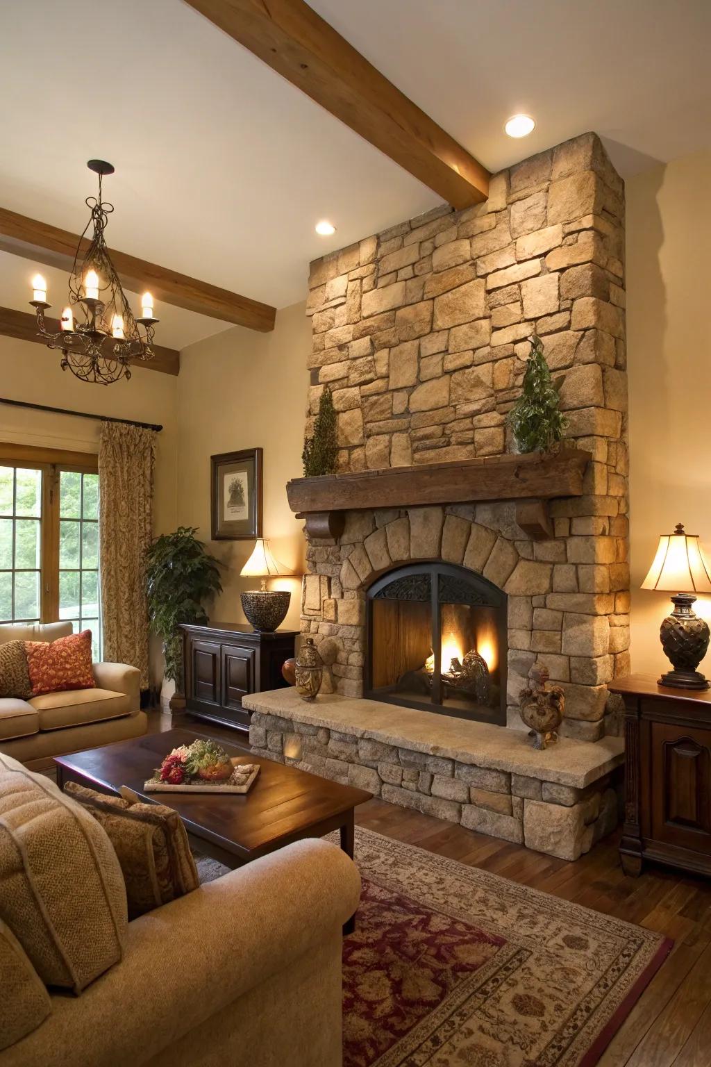 A living space showcasing a rustic stone fireplace border, imparting enduring charm.