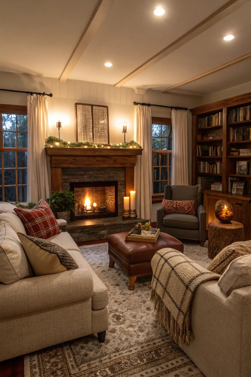 Comfortable seating enhances the welcoming ambiance surrounding the fireplace.
