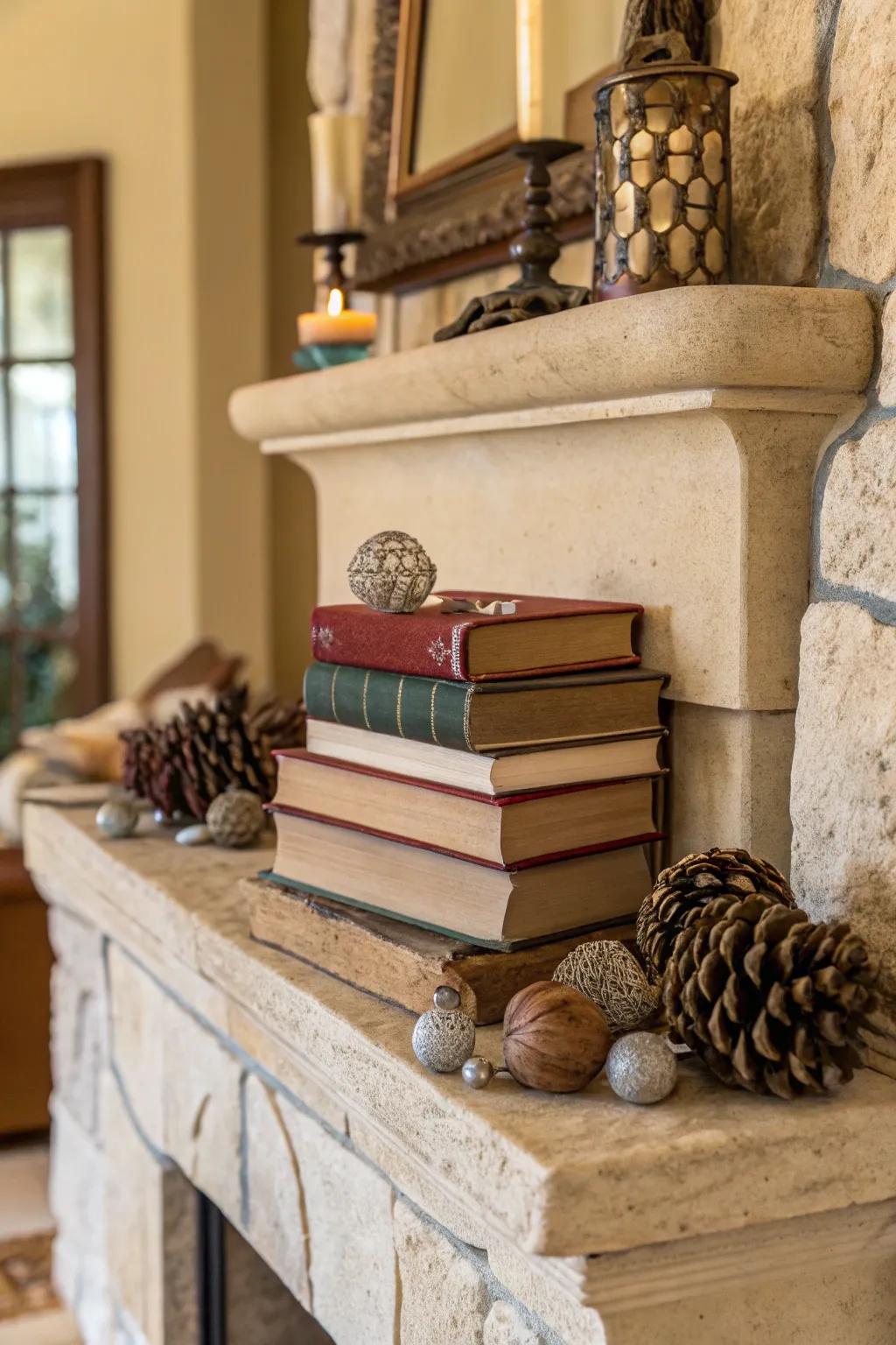 Books and ornaments give the fireplace a curated, personal feel.