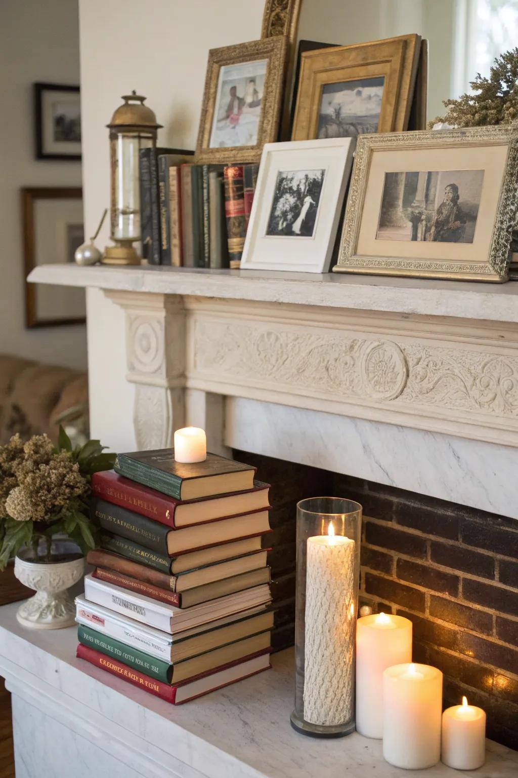 A personalized mantel showcasing a curated collection of books and keepsakes.