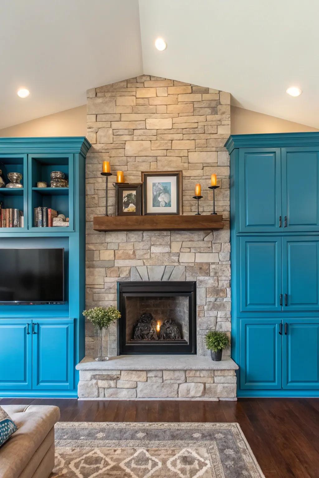 A burst of color enlivens and personalizes your fireplace cabinets.