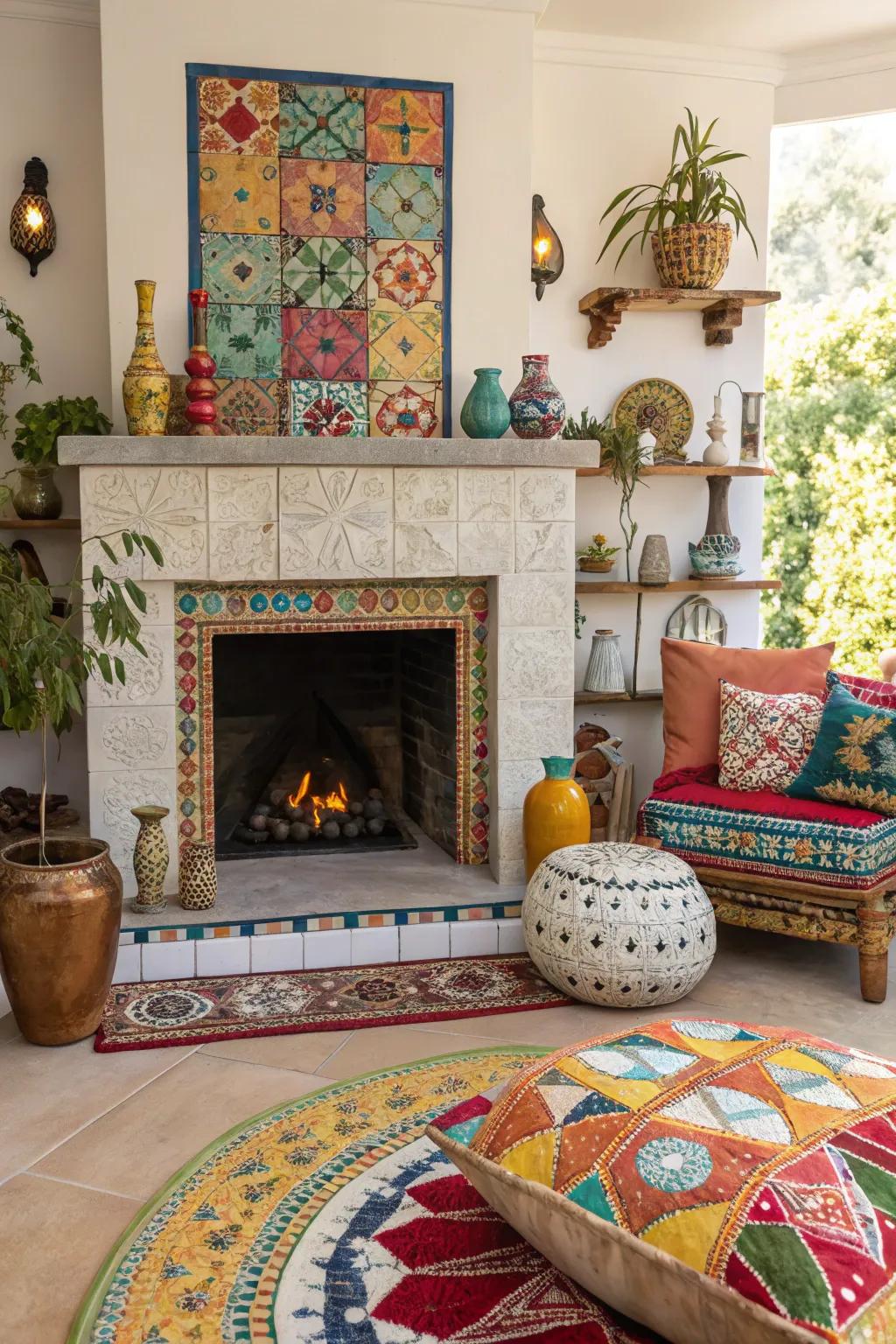 Eclectic mosaic cladding establishes a breathtaking focal point on this fireplace.