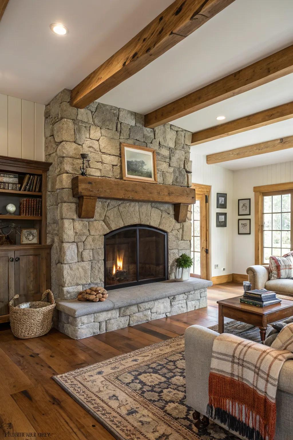 Reclaimed wood adds a rustic charm to your fireplace.