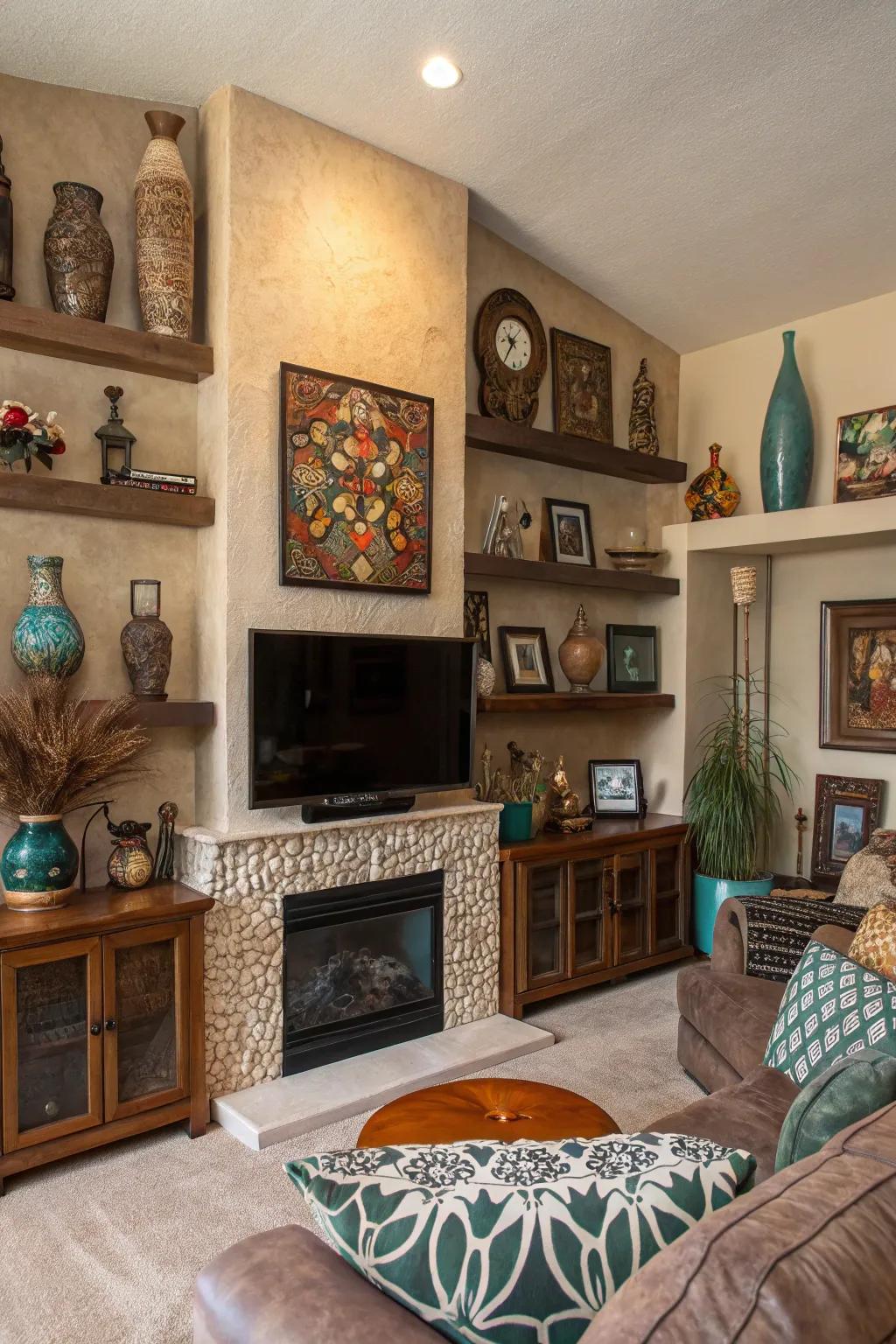 A living room with artistic elements framing a fireplace wall and TV.