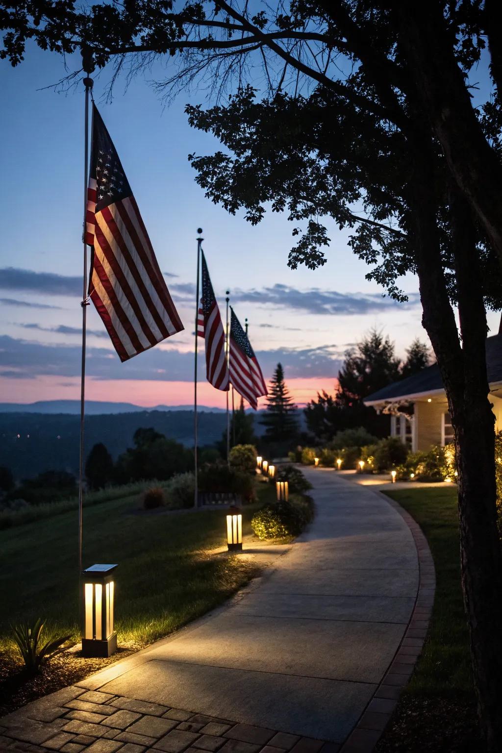 A rear lot access road beautifully lit by soft path lighting, creating a welcoming glow at twilight.