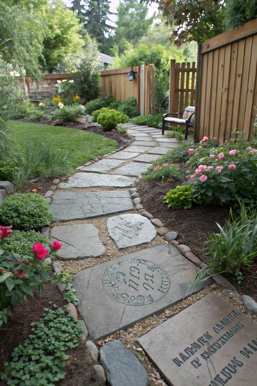 A bespoke DIY slate path with personalized charm and style.