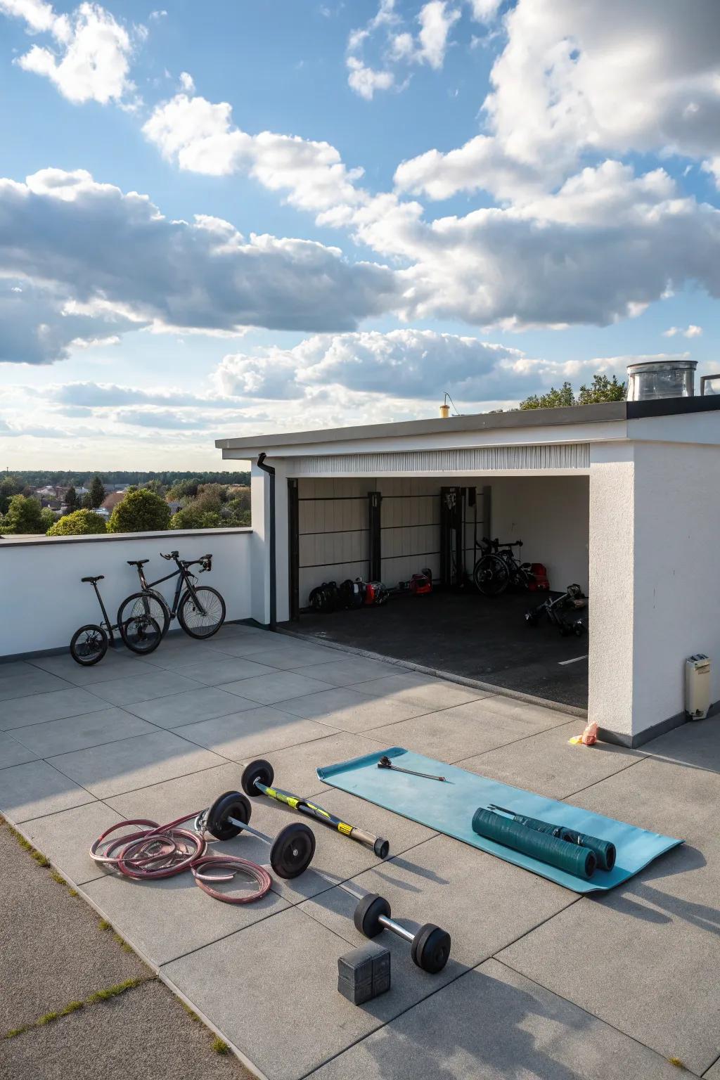 A rooftop gym on a flat roof garage provides a distinctive and motivational workout location.