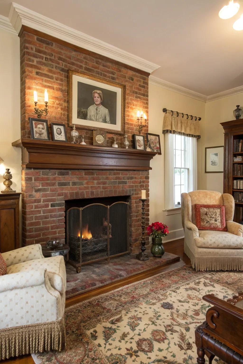 A traditional living room featuring a timeless brick floor-to-ceiling fireplace.