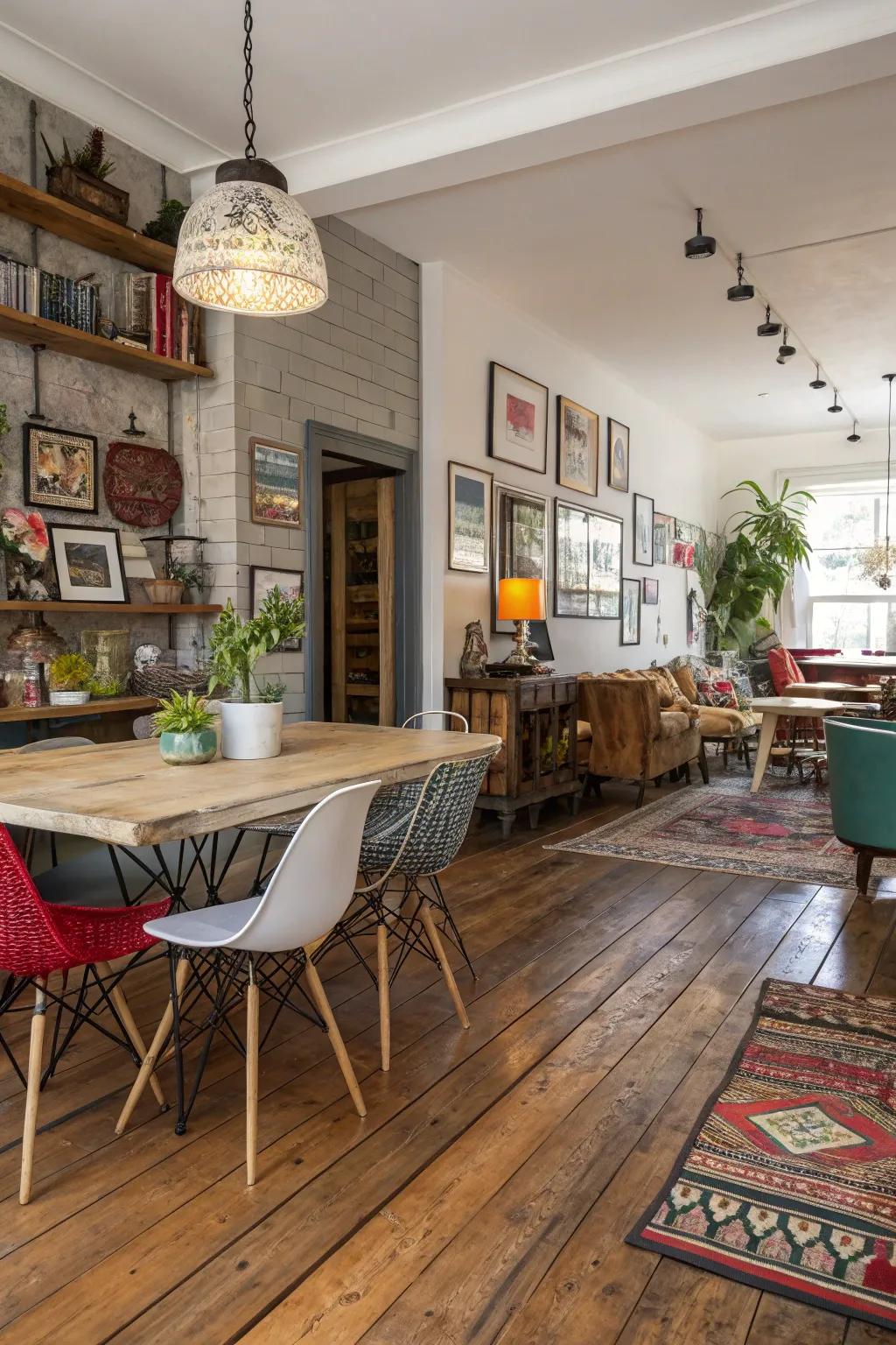 Mixed materials create a rich, layered floor transition.