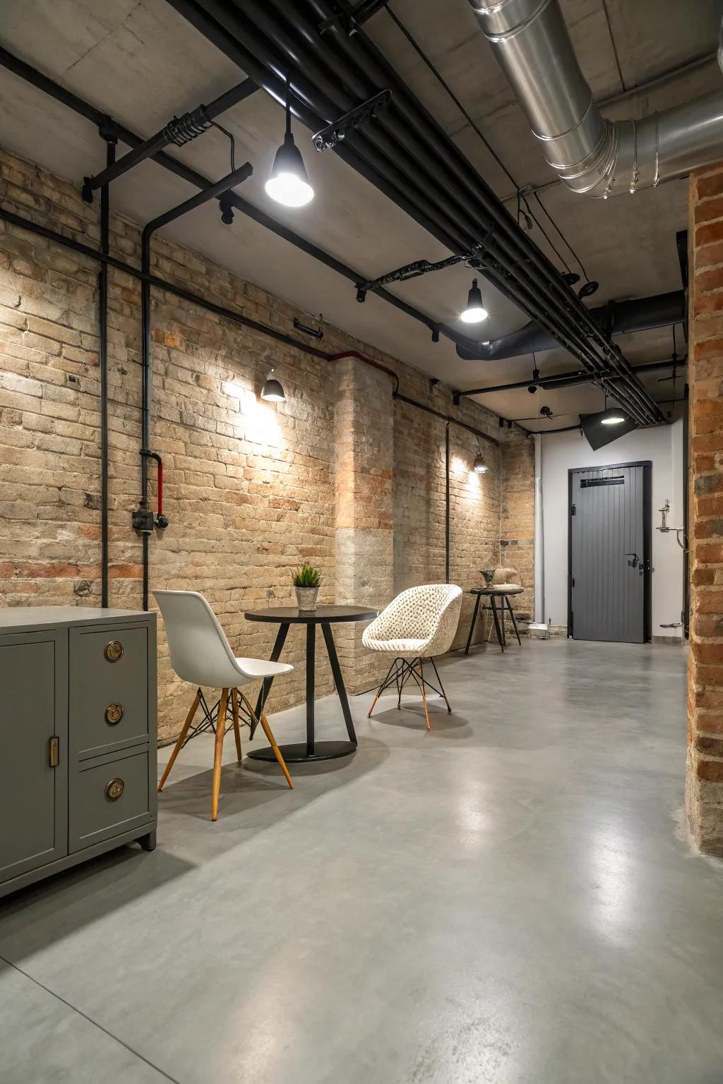 Painted concrete floors contribute an industrial flair to your basement.