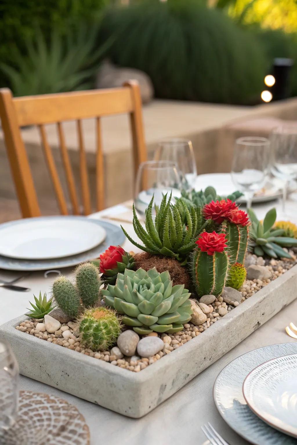 Modern succulent and cactus centerpiece, ideal for a durable and fresh aesthetic.