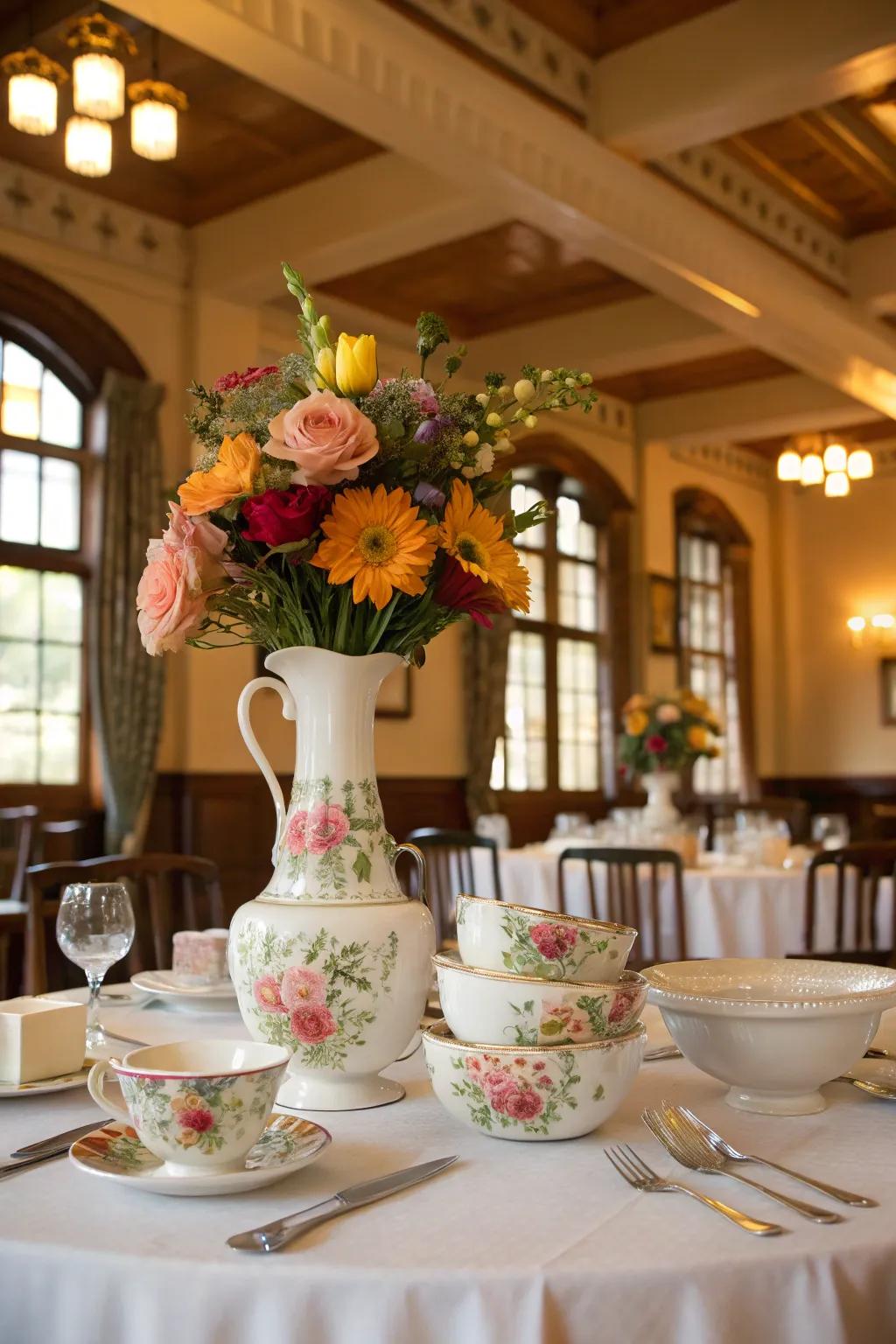 Tiered floral focal points craft drama and elegance.