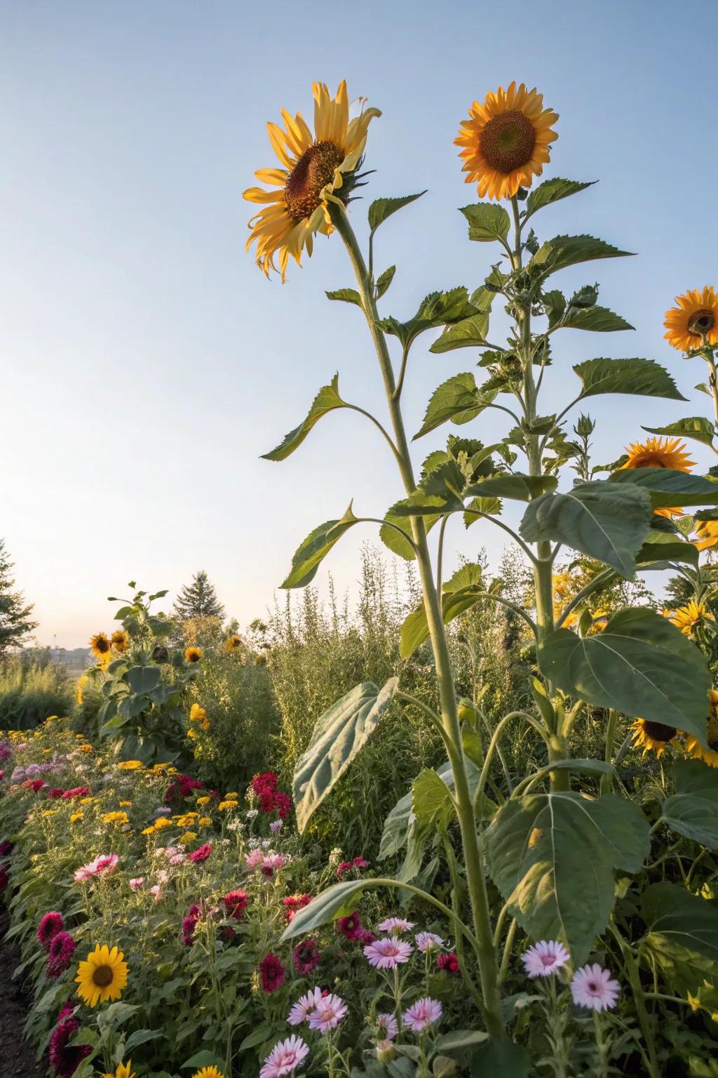 Tall sunflowers establish a dramatic focal point in the garden.