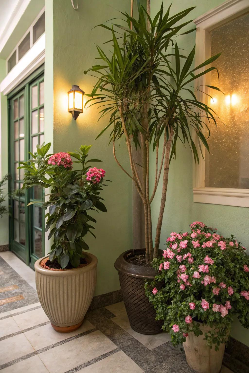 Create inviting spaces with potted vegetation corners.