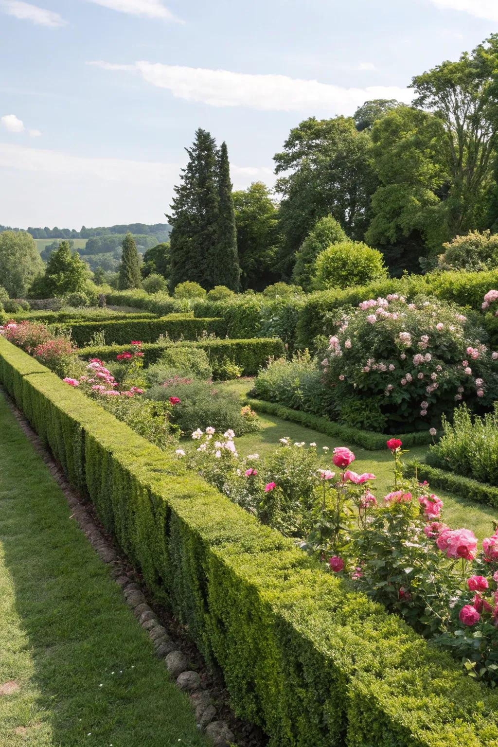 Natural hedges marking peaceful garden locations.