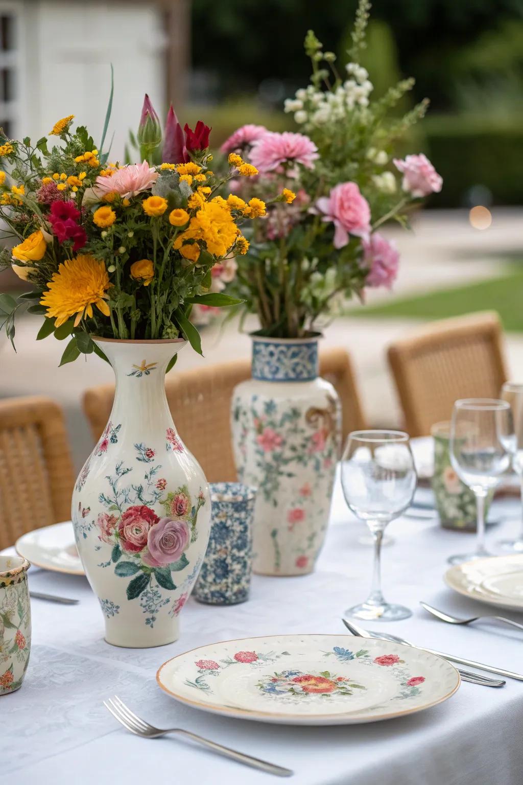 Decorations such as vases and floral pieces add charm and personalization.