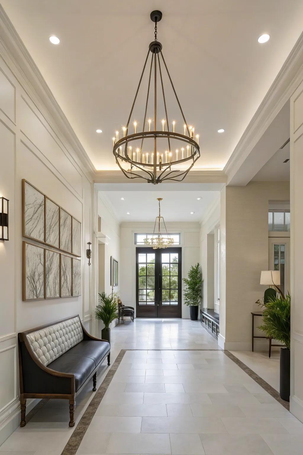 A linear pendant light improves the minimalist aesthetic of this entrance hall.