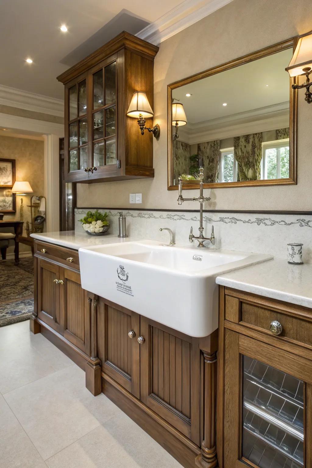 A classically elegant kitchen featuring a china freestanding sink.