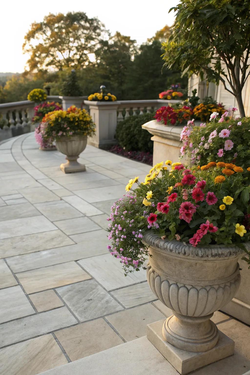 Elegant pots with seasonal blooms on a charming patio.