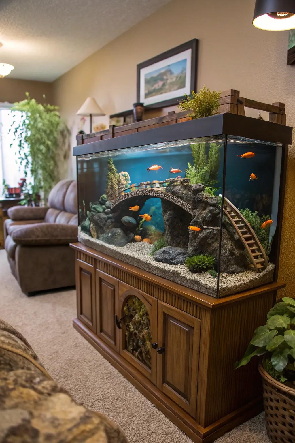 Themed decorations transform an aquarium into an engaging narrative.