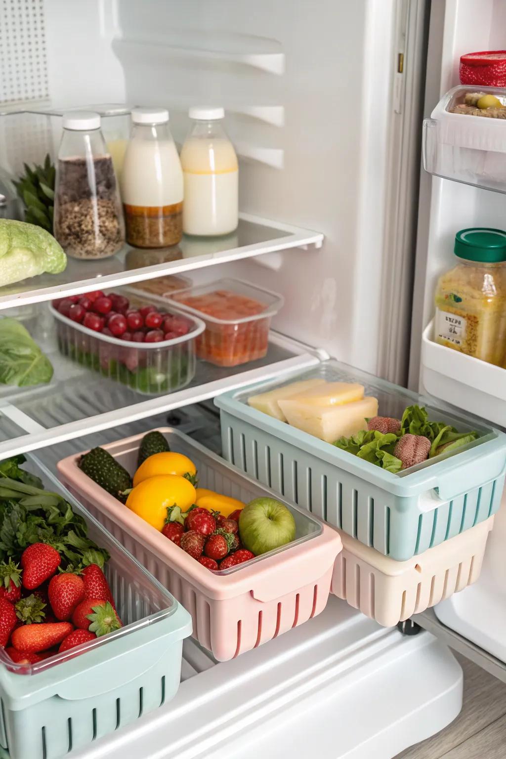 Shelf dividers help create organized zones within the refrigerator.