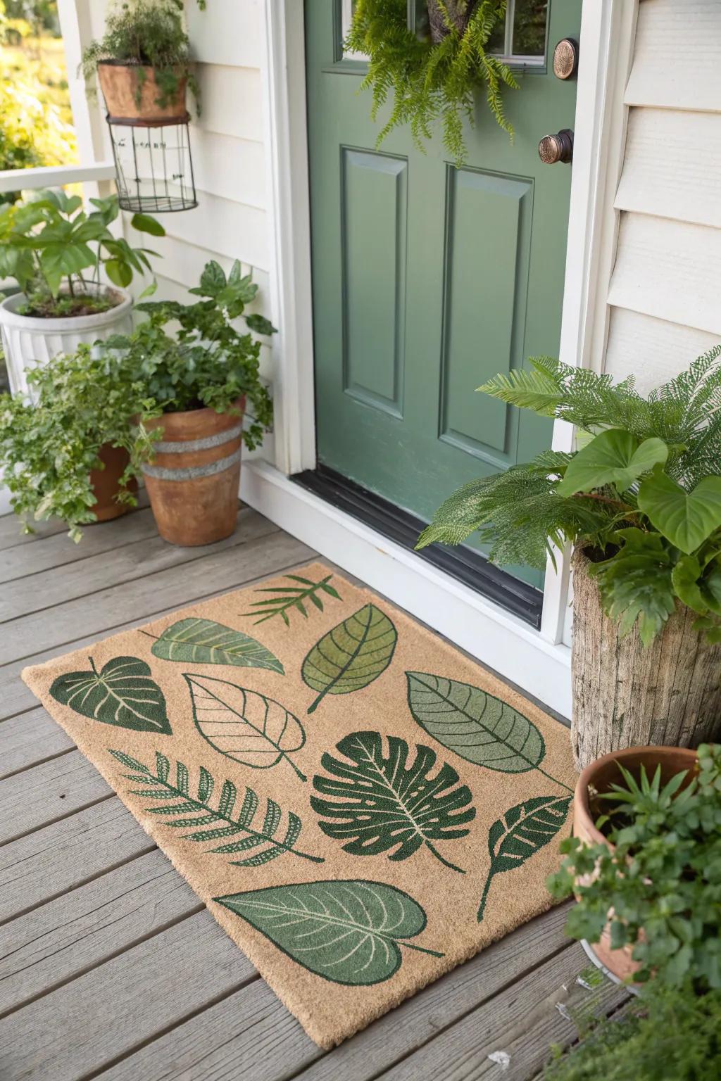 A plant-themed doormat surrounded by lush greenery.