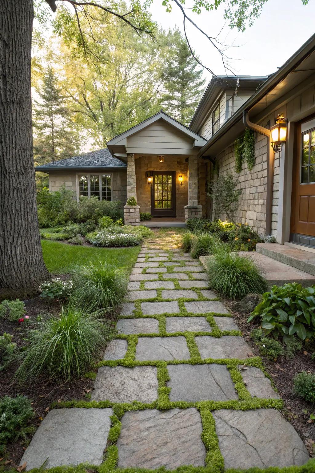 Vegetation woven with pavers for a fresh entryway.