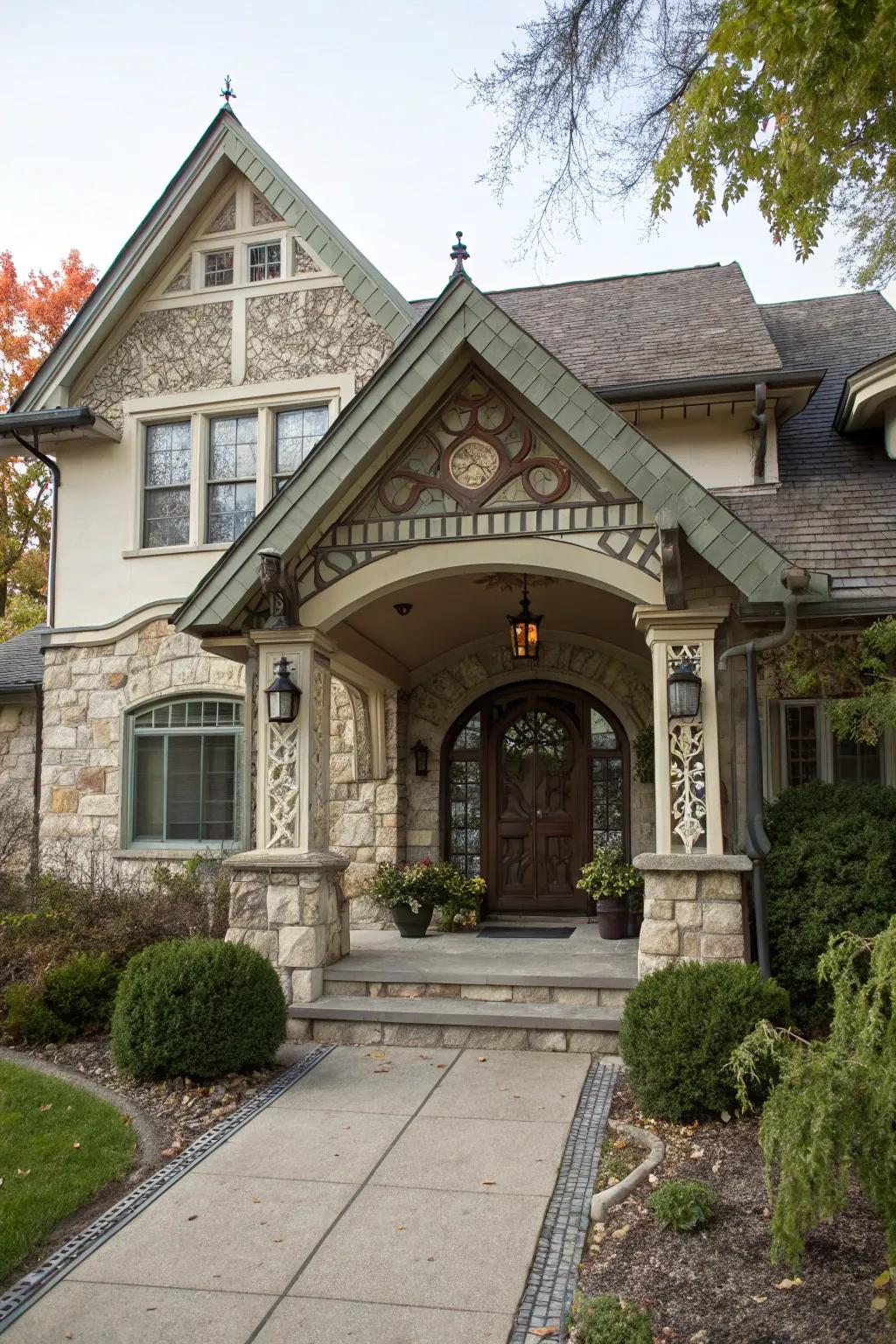 A protected entryway featuring a gabled roof, combining protection with style.