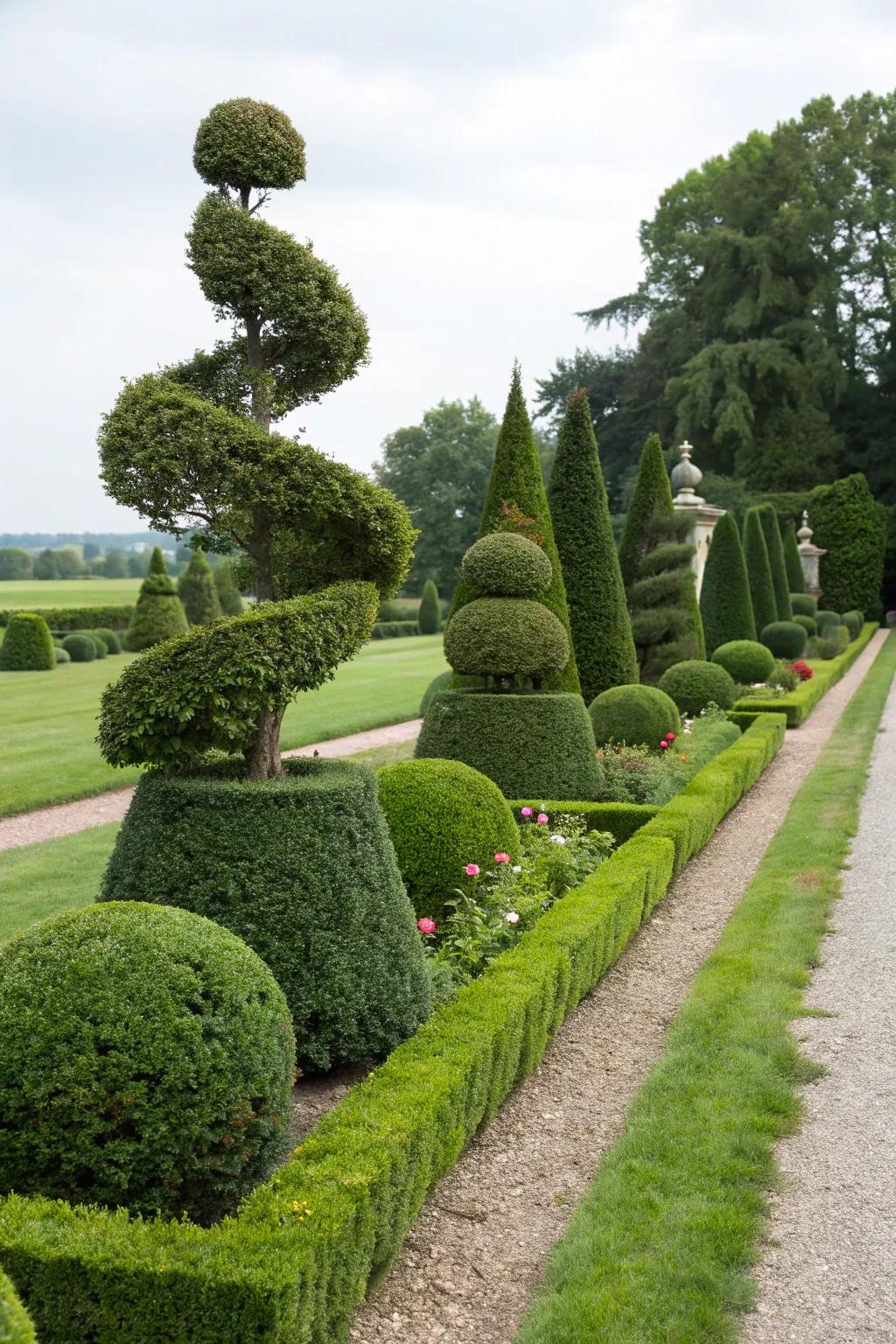 Refined hedges and botanical art adding architectural interest.