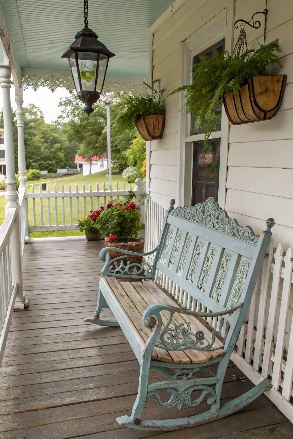 A rocking bench provides both comfort and a hint of nostalgia.