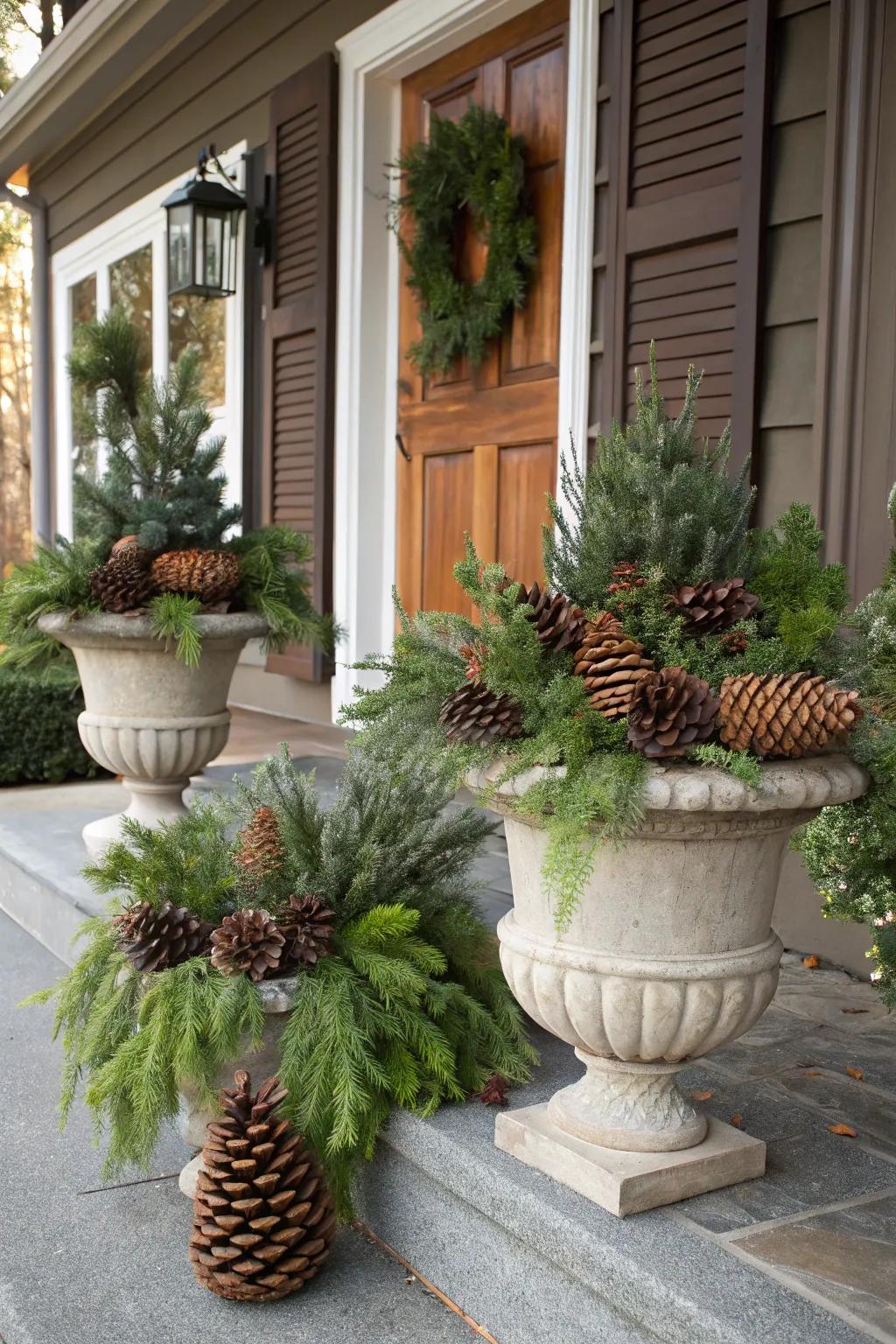 Conifers and greenery impart countryside magnetism to your porch.