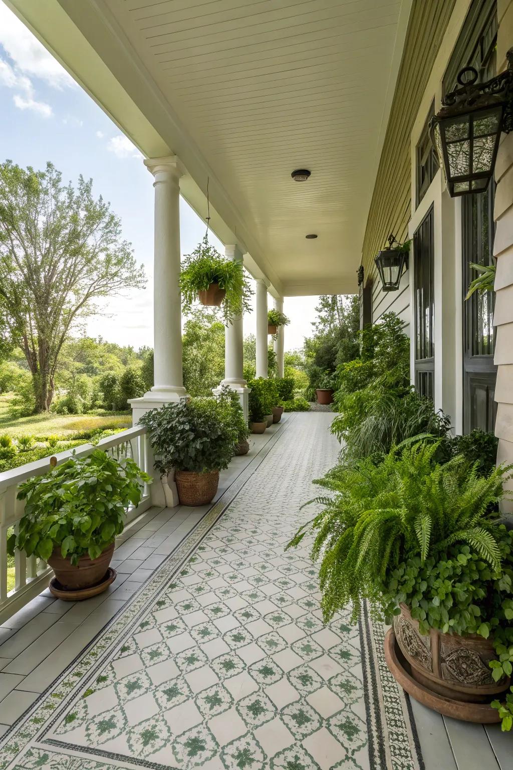 Greenery combined with tiles adds vibrancy and life to your porch.