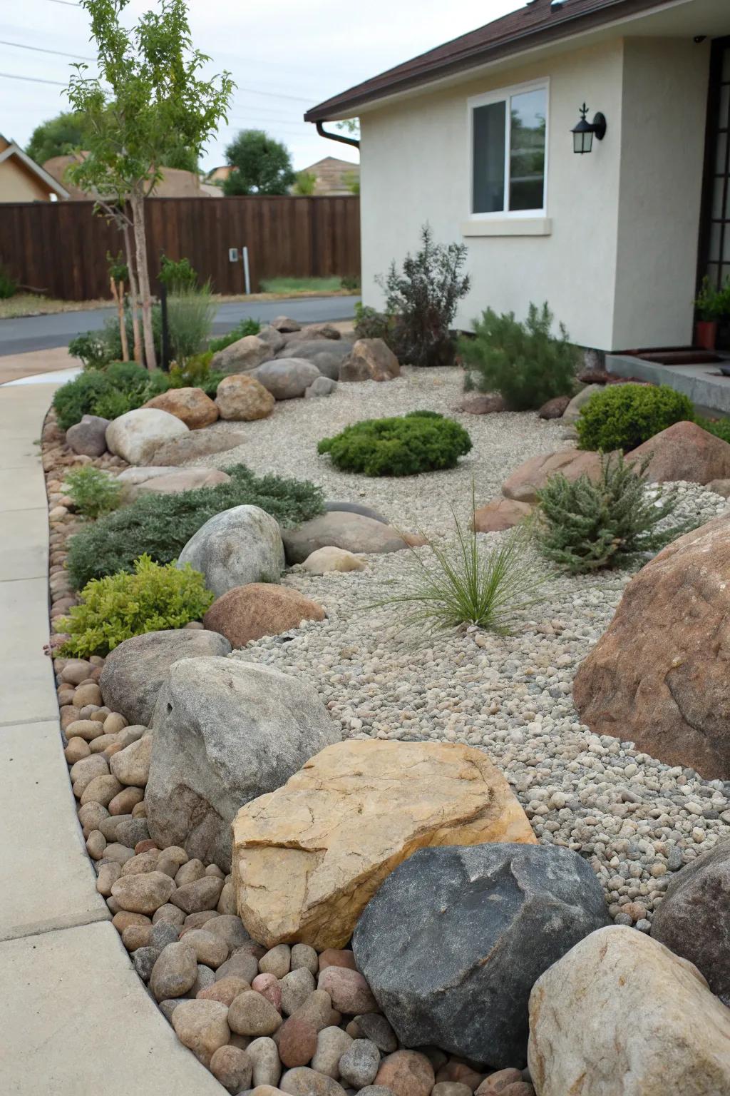 A rock garden exhibiting varied textures using different stone sizes and plants.