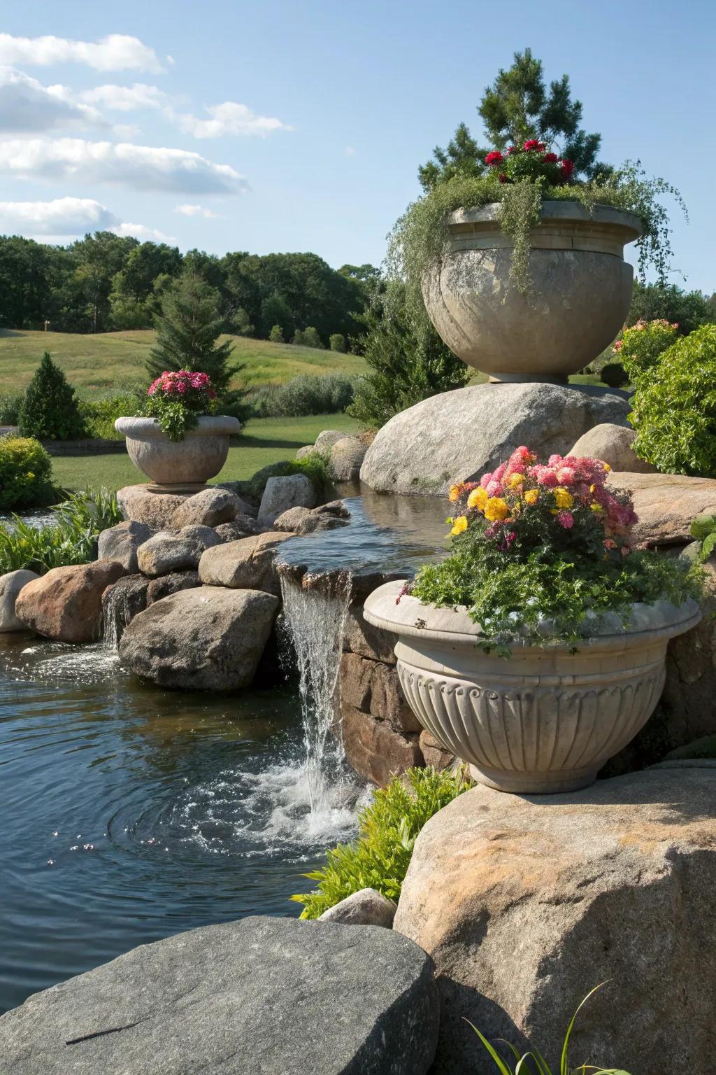Stones paired with an appealing water element for added elegance.