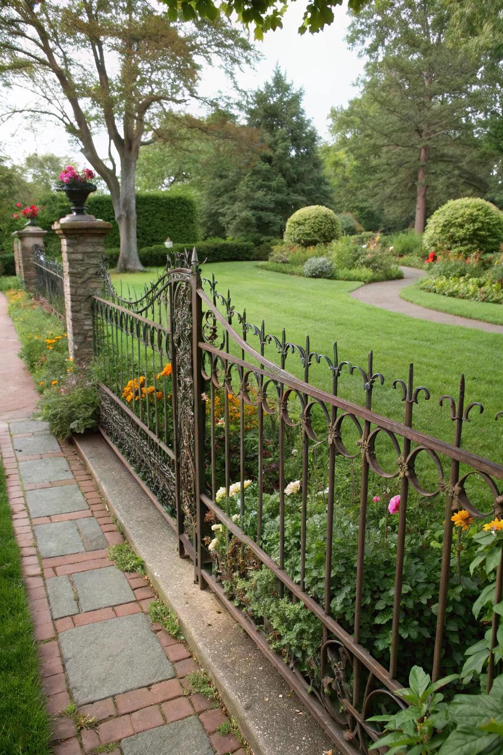 A low decorative metal fence subtly enhancing a front yard garden.