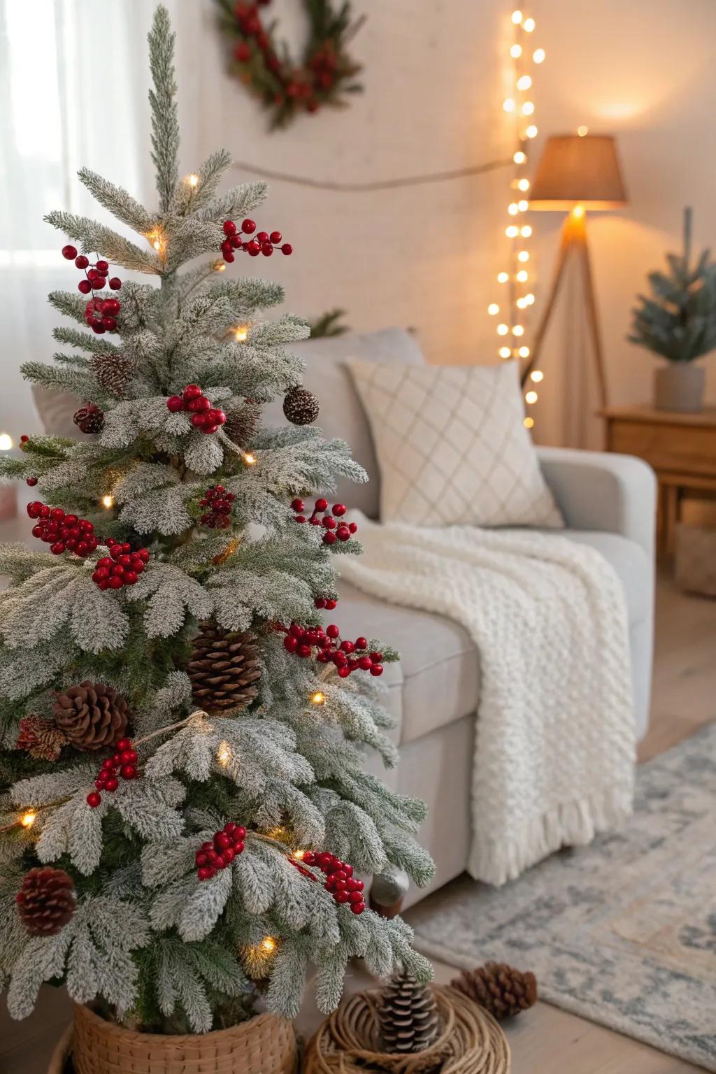 Crimson berry accents contribute a vibrant element to this nature-themed tree.