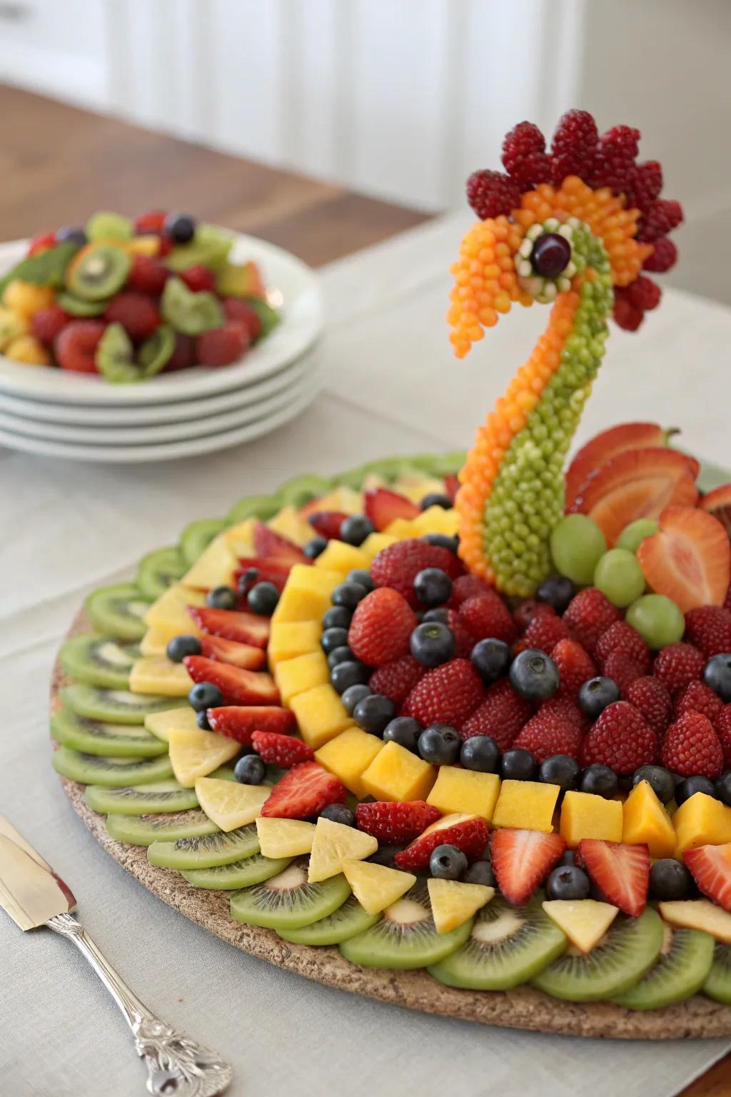 A fruit arrangement inspired by peacocks is guaranteed to impress.
