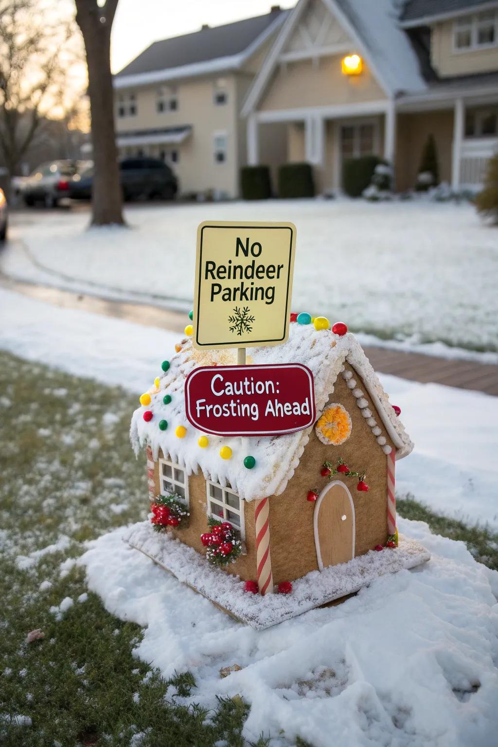 A gingerbread house featuring humorous signage