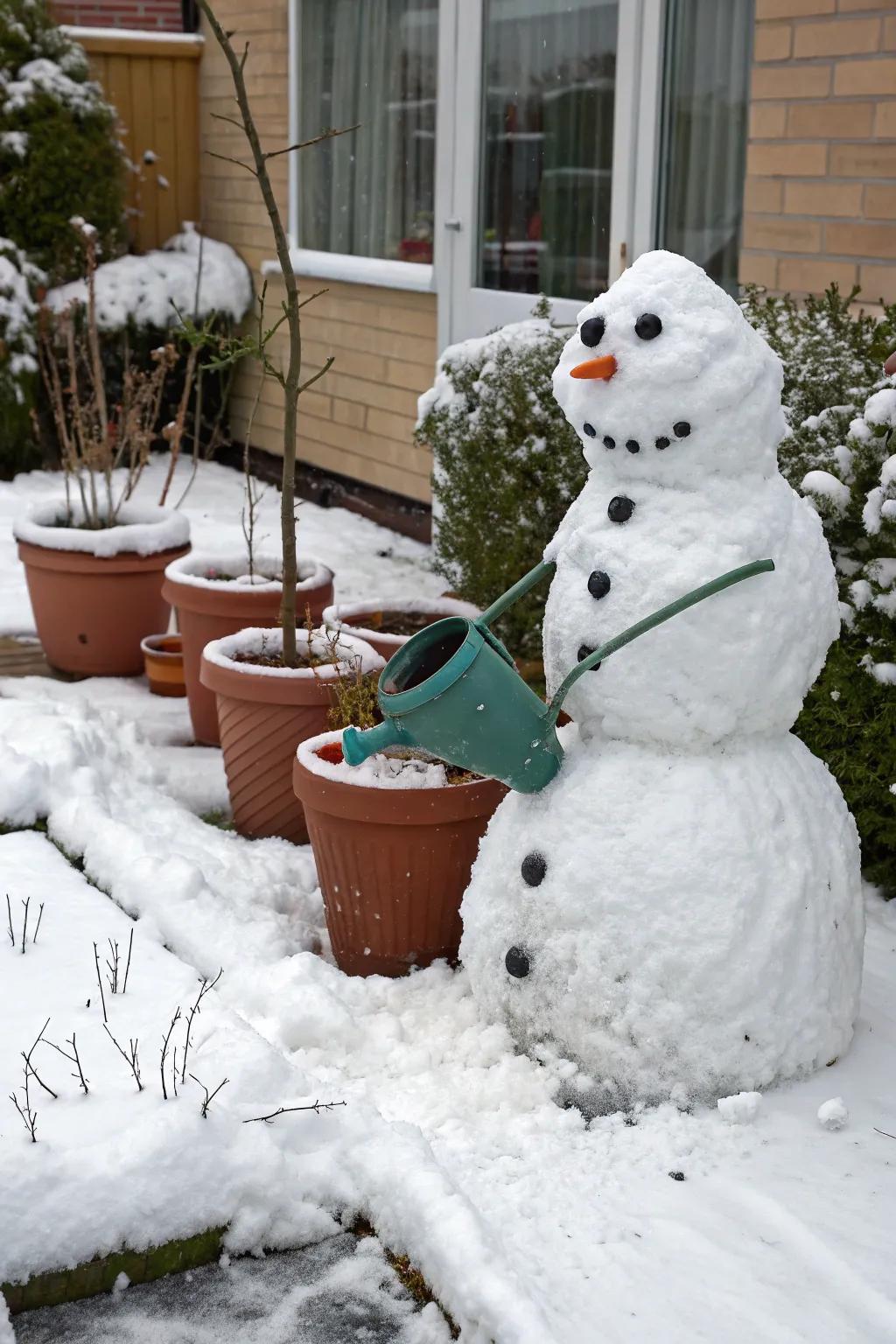 A snow figure gardener caring for its winter garden.