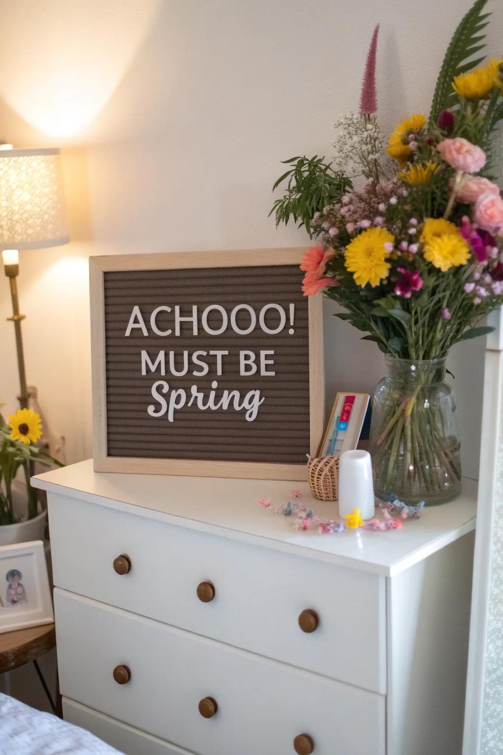 Laugh off spring allergies with a playful display board quote.
