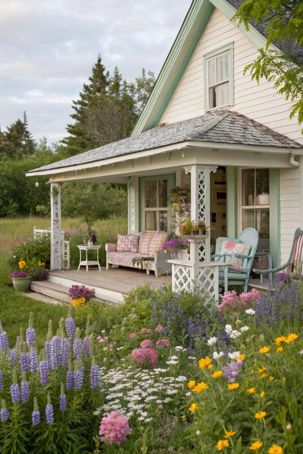 A cottage-style porch offering a peaceful and charming escape.