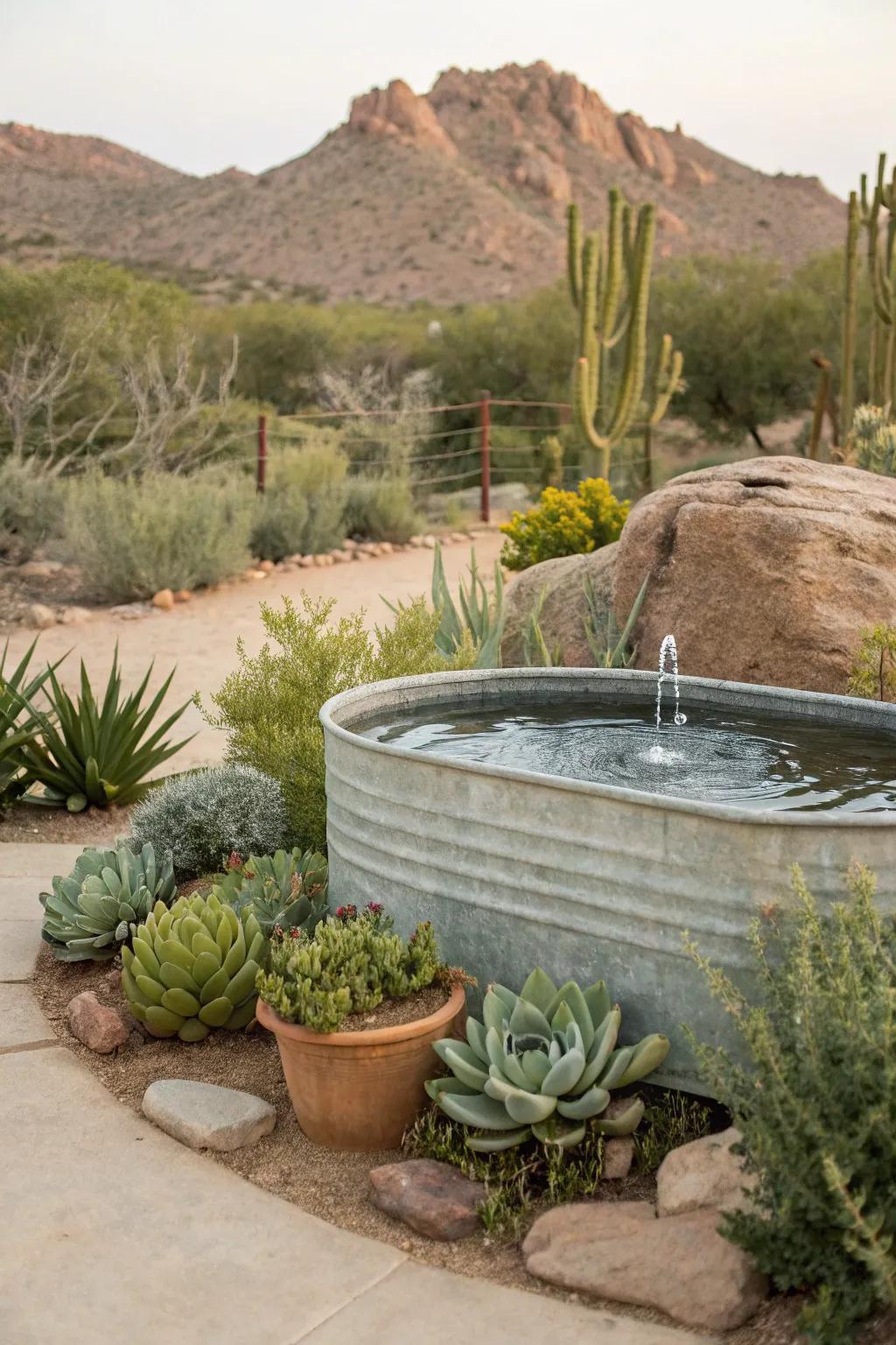 A galvanized container fountain harmoniously integrated with nature.