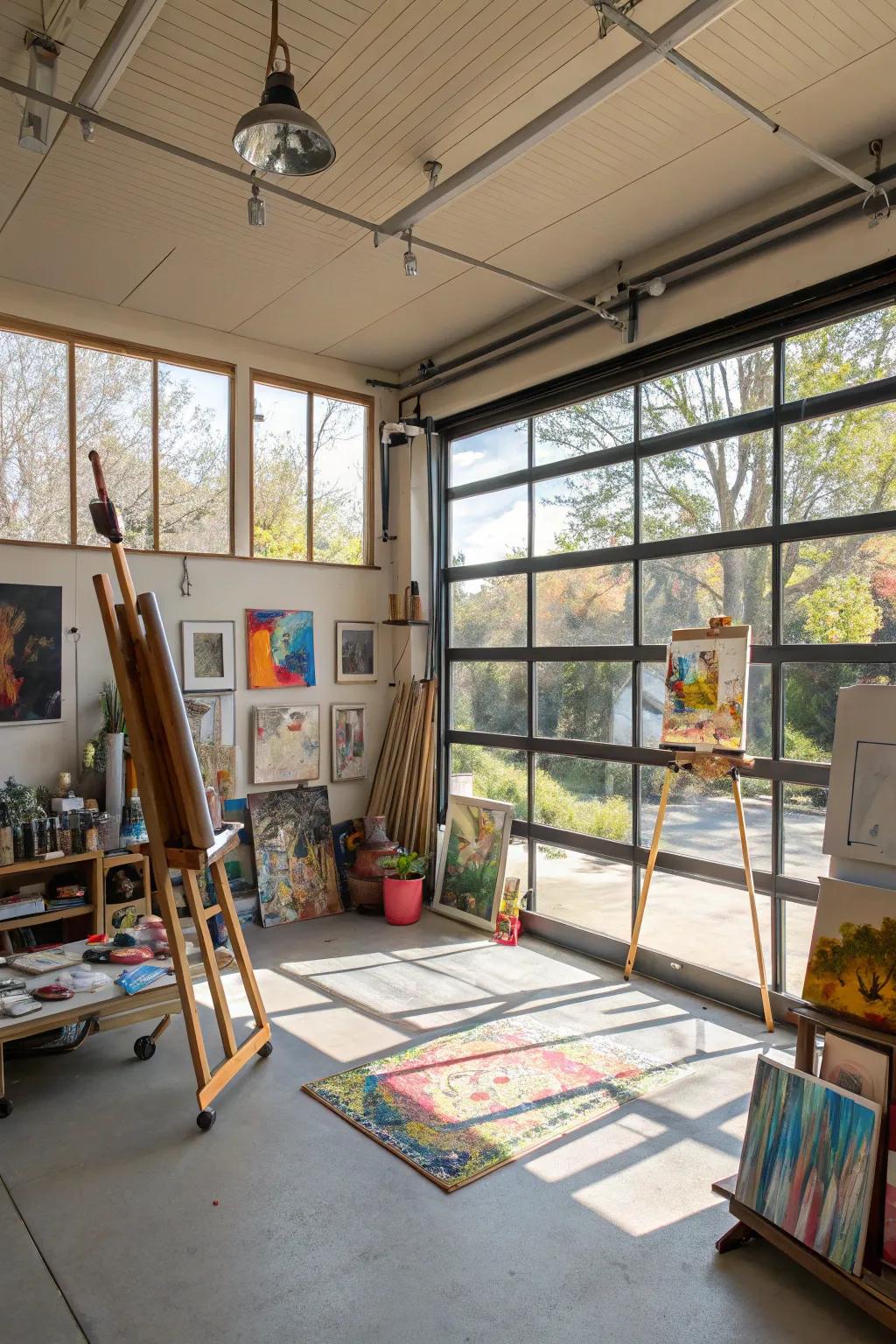 An art studio in a garage, filled with natural light.