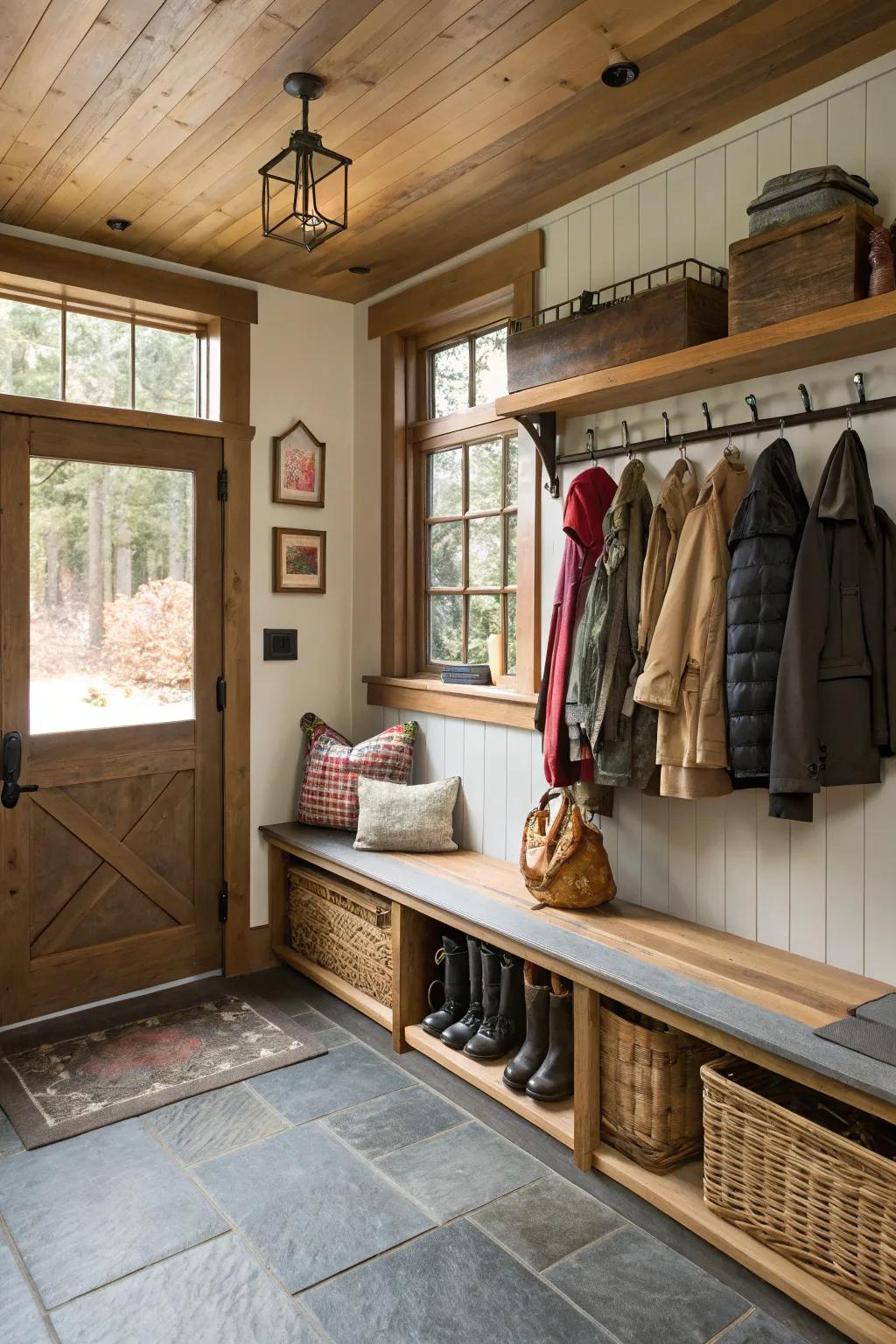 A useful mudroom layout in a garage.